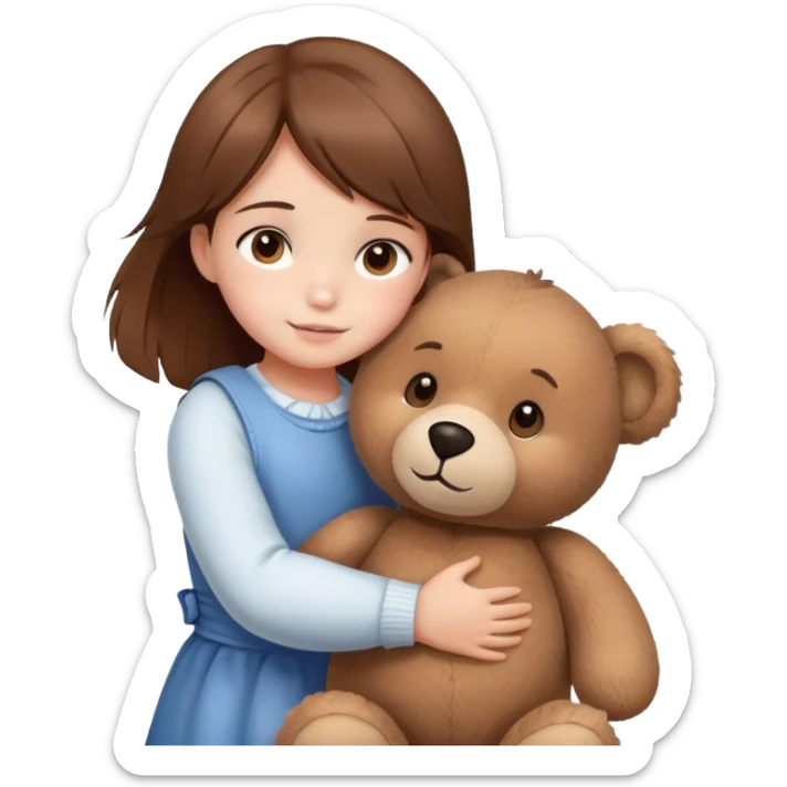 a little girl (brown hair, brown eyes) hugging a big teddy bear (bigger than the girl) sticker