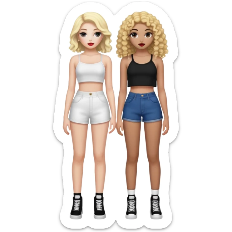 Full body of two teenage girls standing together, one white with straight blonde hair and one brown-skinned with curly dark hair, both with heavy makeup, big lips, crop tops and choni style clothing sticker
