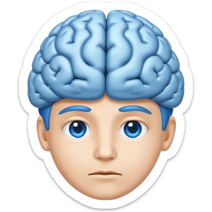 All blue adult person face emoji with a brain for hair and calm content expression sticker