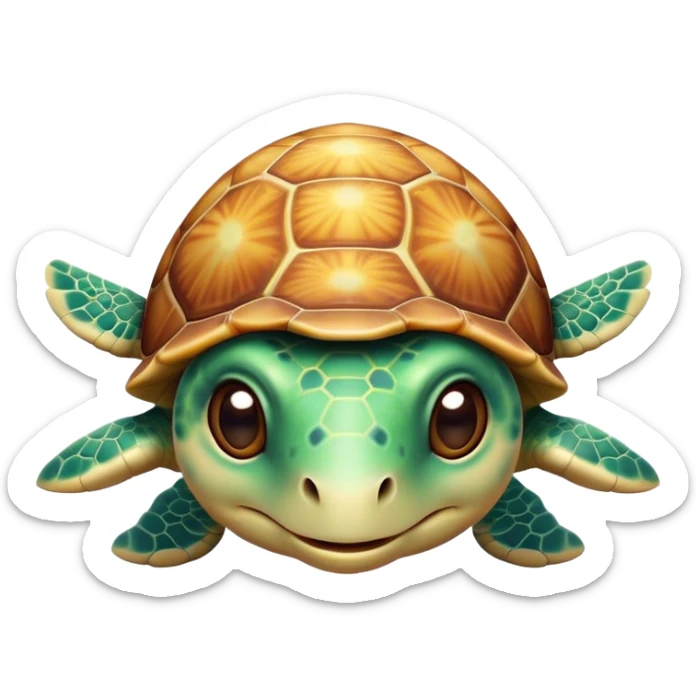 Cinematic Cute Sea Turtle Portrait Emoji, Head tilted playfully and inquisitively, featuring a charming, compact form with a beautifully patterned, domed shell and gentle, sparkling eyes full of oceanic wonder, Simplified yet irresistibly adorable features, highly detailed, glowing with a warm, friendly sea glow, high shine, affectionate and lively, stylized with a touch of whimsical marine charm, soft glowing outline, capturing the essence of a mischievous yet loving sea turtle that seems as if it could swim out of the screen into your arms! sticker