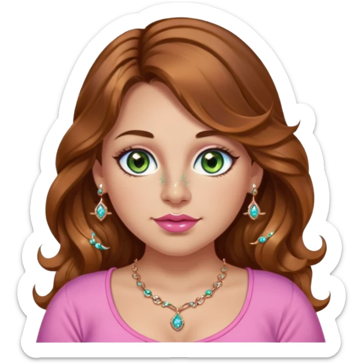 Girl girl long wavy brown hair with caramel highlights, green/blue/gold eyes, plus size, pink girly top, right nostril rose gold nose ring with diamonds embedded sticker