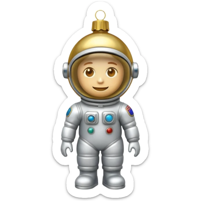 Apple iOS style 3D emoji of a vintage Soviet glass Christmas ornament shaped like a little astronaut. Shiny metallic paint, iridescent glass reflections, slightly distressed gold details. High-end
3D render, nostalgic aesthetic, isolated on a solid white background, 8k. sticker