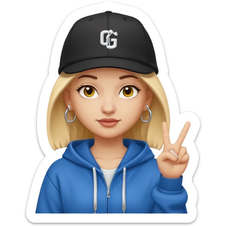 Emoji of a white girl with a gangster vibe — cartoon style, small rounded emoji proportions, confident smirk, wearing a snapback hat tilted to the side, hoop earrings, baggy hoodie, and making a hand sign. Bright, bold colors, clean minimal shading, glossy emoji finish sticker