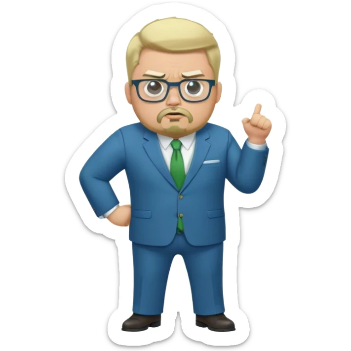 Full Body white male plus size wearing glasses with a goatee with lihu blonde and gray very short hair angry head Coach in blue and green suit sticker