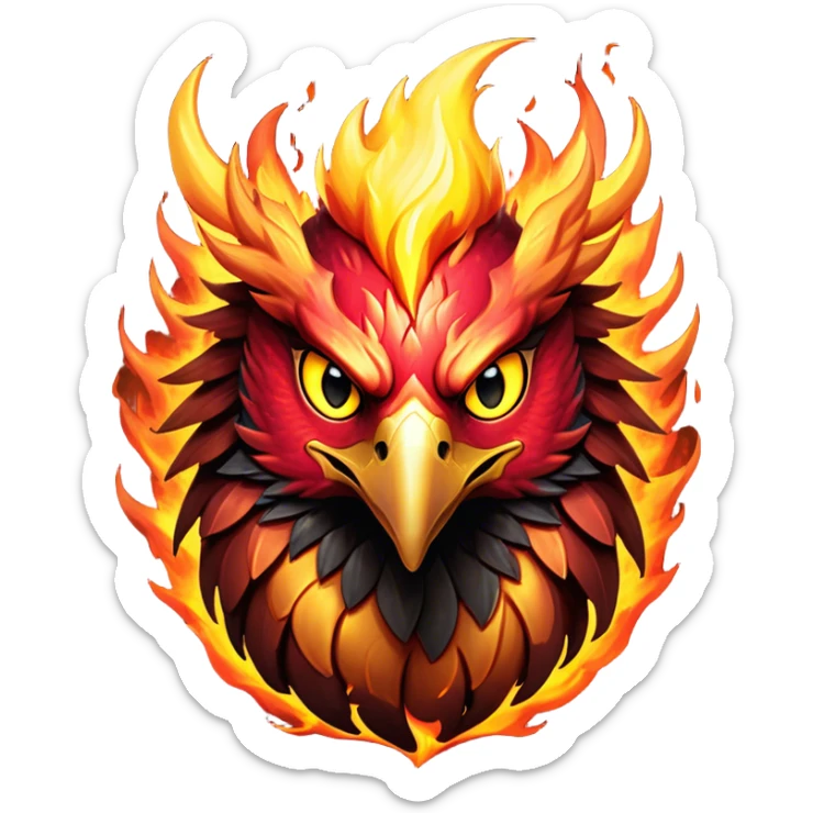 Cinematic Fierce Battle-Hardened Mystical Fire Phoenix Portrait Emoji, head tilted with an aggressive, unwavering gaze that speaks of relentless combat. The flame-kissed form is marked by rugged, charred feathers and vivid battle scars. Its blazing eyes radiate raw intensity and steely resolve, rendered with lifelike detail and stark natural lighting, high shine, channeling an aura of unyielding warlike energy and valor, softened by a dynamic glowing outline that highlights its battle-earned ferocity. sticker