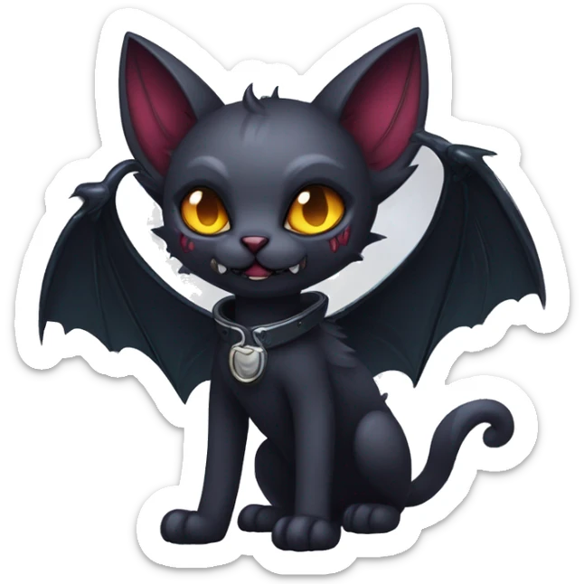  cool edgy fantasy dark-themed animal vampiric cat-hybrid Fakemon with fangs and bat-wing-ears with a collar full body sticker
