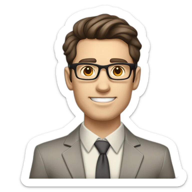 Pale skinned fit man with dark brown hair in gray jacket, beige office shirt, brown tie, brown pants and vintage glasses Writing on the flipchart sticker