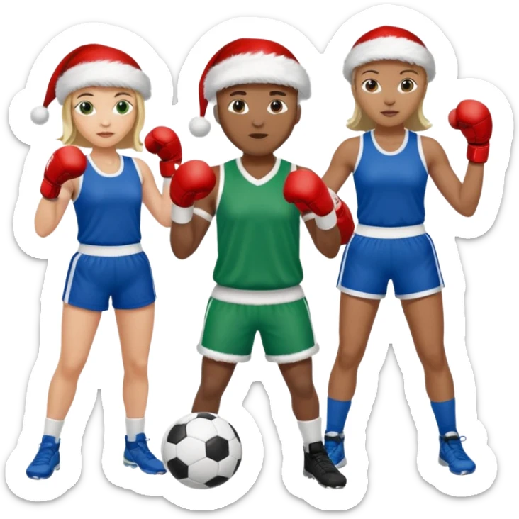 3 atletas, um homem no meio e duas mulheres com cores de pele diferentes, usando elementos esportivos, bola de futebol, luvas de luta e bola de vôlei. Coloque um chapéu de papai noel das cores verde e com roupas azul e branco sticker