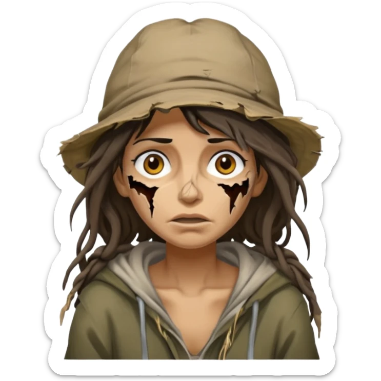 very dirty looking homeless woman with ripped hat and face with ugly hair sticker