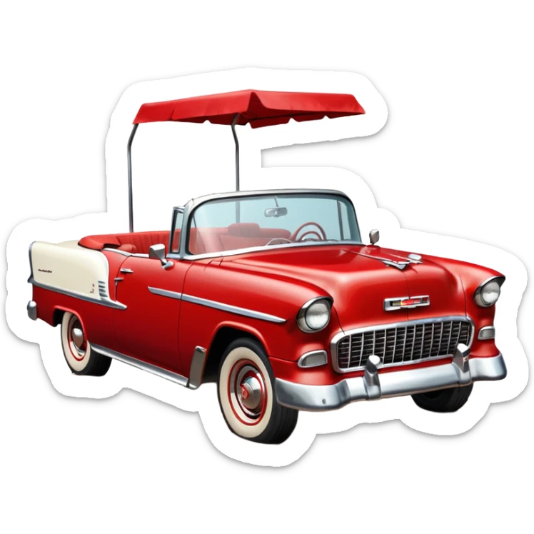 1955 Chevrolet Bel Air Convertible, Red-White color, with a bucket of brown mud pouring down on it, and the car itself is covered in brown dirt on the sides, which is stuck and clearly visible from all sides of the body. 32x32 pixels, aspect ratio: 1:1 sticker