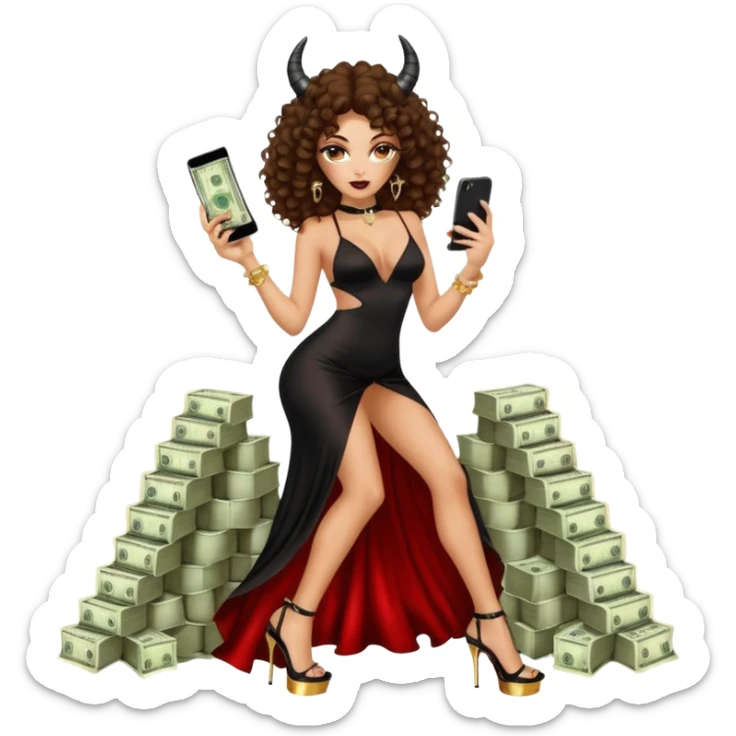 seductress evil brown curly haired sexy drug lord woman with clear glittery platform heels on her feet and devil black long silky sexy cutout dress, wearing black horns on her head, holding a stack of cash, has a phone in  other hand sticker