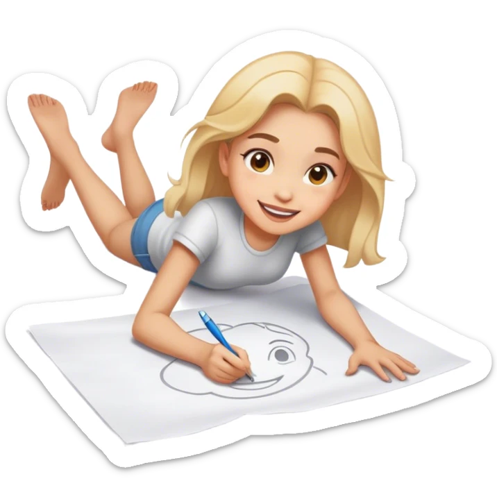 cheerful girl draws on a sheet of paper on the ground sticker