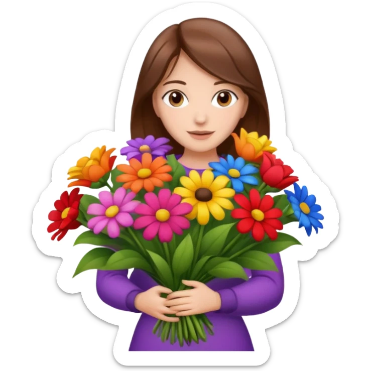 brown hair woman with big bouquet of flowers sticker