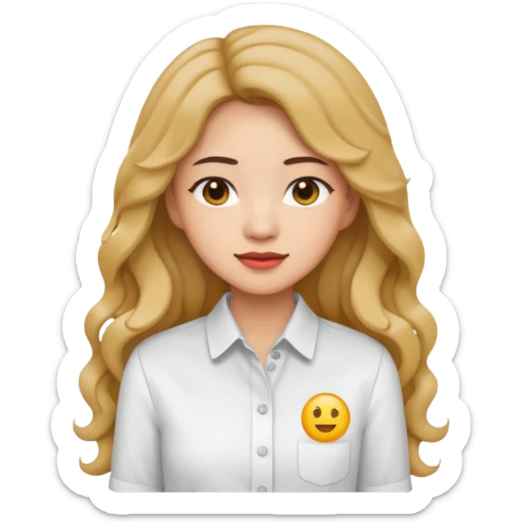 Asian woman, white button-up shirt, long permed wavy hair, emoji style, simple flat colors, transparent background. sticker