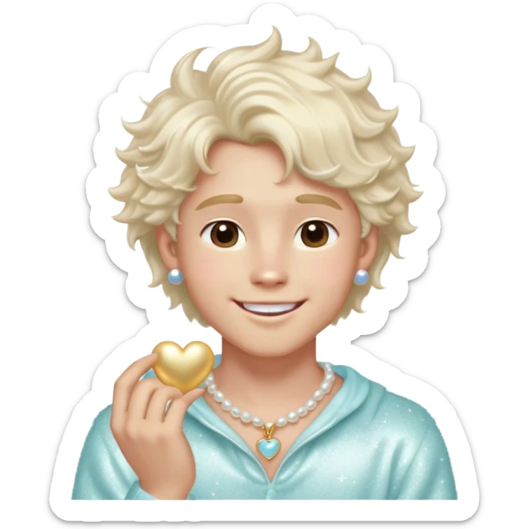 Pretty boy emoji with fluffy hair, heart-shaped face, glowing skin, soft jawline, glossy lips, pearl earring, pastel outfit, silver rings, and sparkles around him. Looks like a model but smiles like a golden retriever. sticker