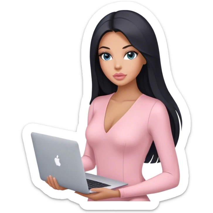 Glamours, tanned, very beautiful girl, with big pump peach-beige-rose lips, black straight smooth silky long hair, straight parting, blue-grey eyes, in light-pink bodysuit holding MacBook sticker