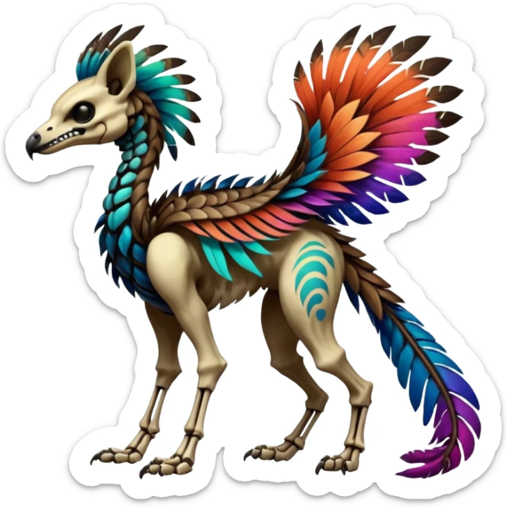 Rare colorful gradients colored realistic dark edgy glossy shiny tropical tribal patterned feathery skeletal badass epic pretty beautiful handsome gorgeous aesthetic colorful vibrant Vernid-Trico-species-Fakemon-creature by LiLaiRa, 4 legs, 1 tail, random markings, (full body) sticker
