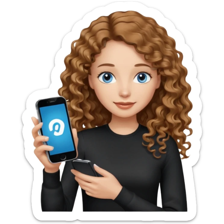 generate a pretty woman with blue eyes, light skin and medium brown long wavy almost curly shiny hair holding a phone she is looking at the phone while looking down at the screen. she is wearing an ALL black long sleeve. she is smiling sticker