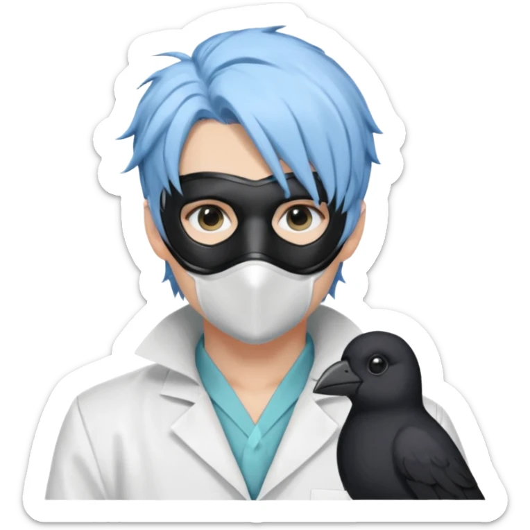 Handsome sexy adult anime man with light-blue hair and a black bird beak mask that covers whole face, wearing a white lab coat (Il Dottore from Genshin Impact) sticker