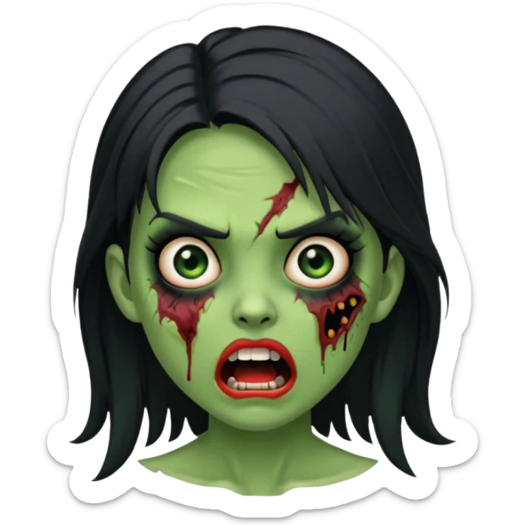 green-skinned zombie girl with black mid-length hair and black eyes, mouth open in shock, wound on cheek, iOS style emoji sticker