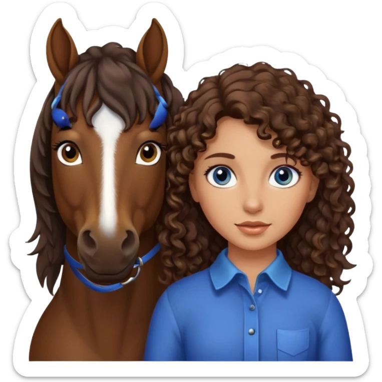 Tan Girl with brown curly hair and blue eyes with an all dark brown horse that has straight hair sticker