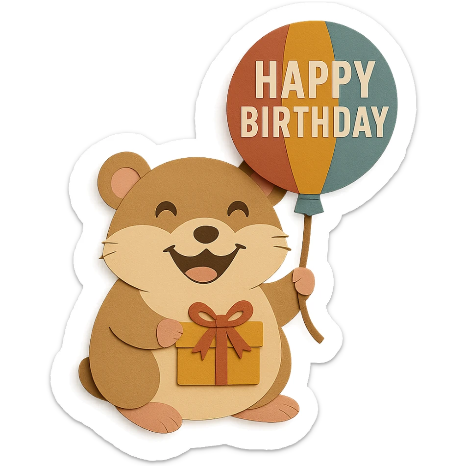 Add a ribbon to the gift box the hamster is holding, matching the paper-craft style and color palette sticker