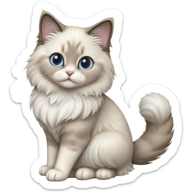 cinematic-[Ragdoll cat]-realistic-full-body-sitting-emoji,-tail-curled-playfully-around-its-paws,-head-tilted-dramatically,-fluffy-[grey ragdoll cat]-fur,-simplified-yet-realistic-focused-features,-highly-detailed,-glowing-with-an-almost-sarcastic-glow sticker