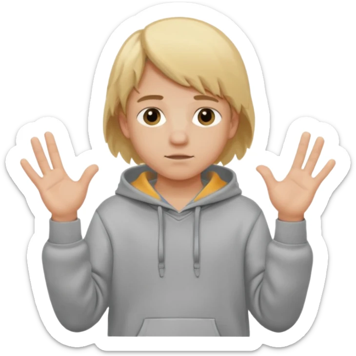 Emoji of a kid with blonde hair and a grey hoodie holds a six in his left hand and a seven in his right sticker