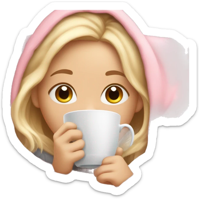 Girl with blonde Hair and Hazel eyes cuddled up in a pink blanket sipping on tea  sticker