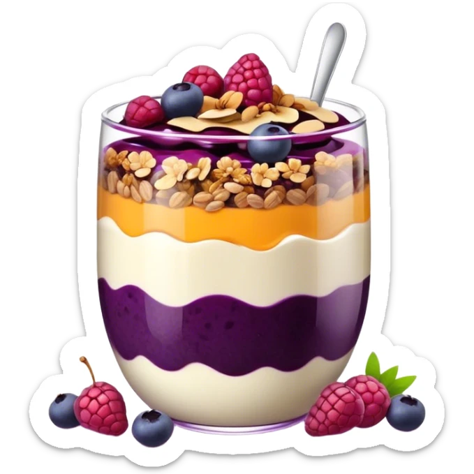 Açaí in a clear cup with layers of fruits and granola and condensed milk Burgundy sticker
