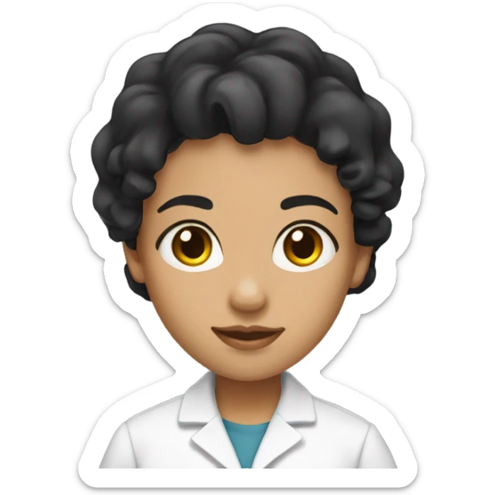 girl emoji. she has short curled black hair. she has brown eyes and a lab coat on. she has small gold hoop earrings and a gold chain necklace.  sticker