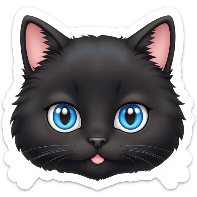 super cute fluffy black cat face with big adorable blue eyes, kawaii style, round face, very cute expression sticker