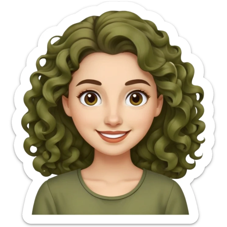 Mujer, cara redonda, cejas definidas, pelo muy largo rizado, peinado hacia atrás con bucles sueltos al frente. Sonrisa amplia, expresión alegre. Blusa verde olivo sticker