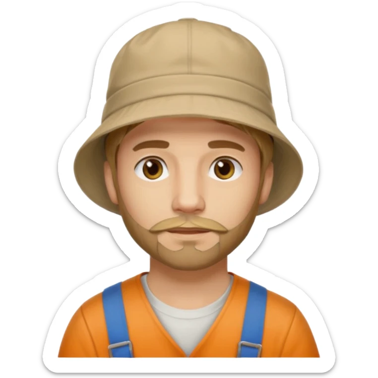Romanian brown blond ish hair male, 30 yrs old, a little bit of facial hair, bucket hat on the head sticker