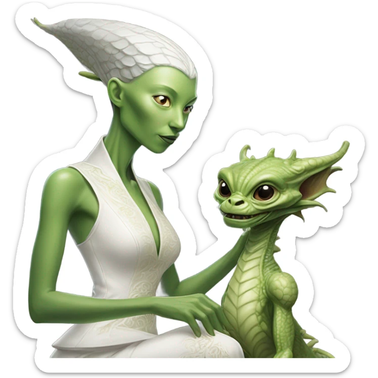 Photo realistic, alien female green,  on white china dragon infinite story sticker