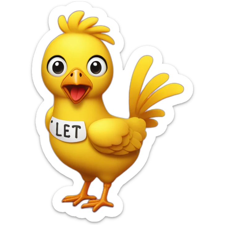 Chica is a yellow animatronic chicken with a bib with an inscription Let's eat sticker