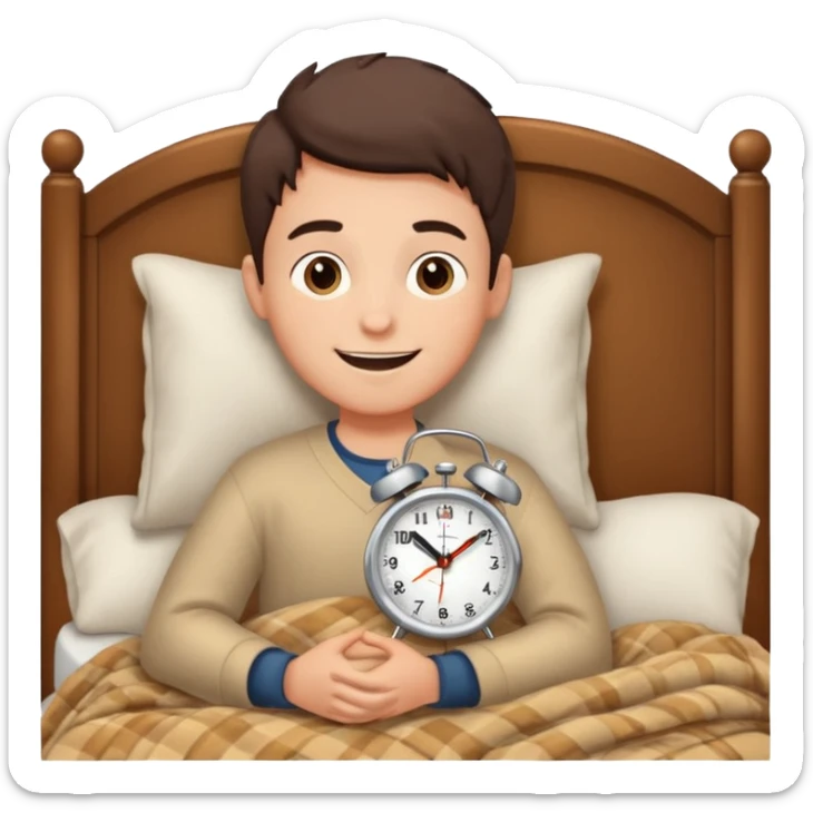 create emoji of a boy who is lying in the bed in the morning and its time to wake up  because the alarm went off he should smile  sticker