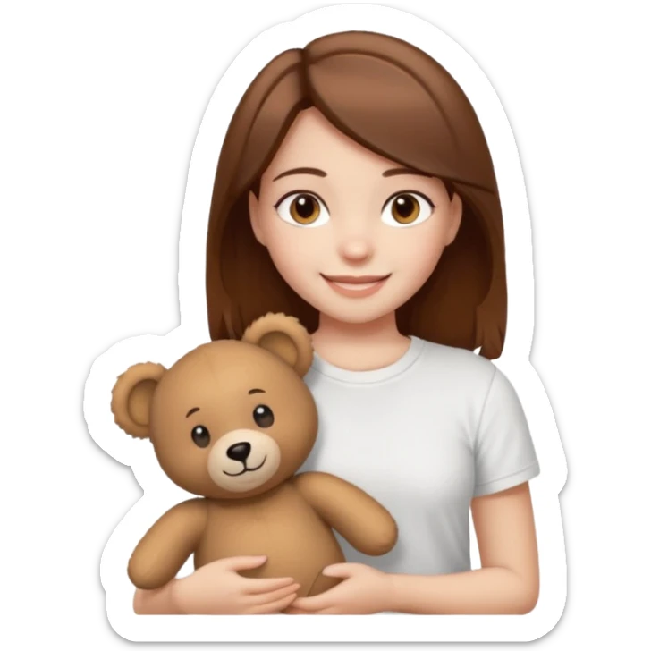 A Girl with Brown hair and Brown eyes with a t-shirt White. The t-shirt have dels a Teddy coquette bear. The Girl have White skins and she is smiling sticker