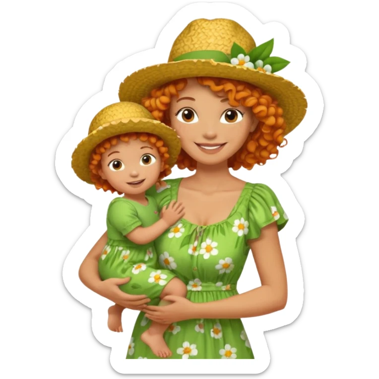 A cheerful orange curly hair mom in a straw hat carrying her child, wearing a green flowery dress sticker
