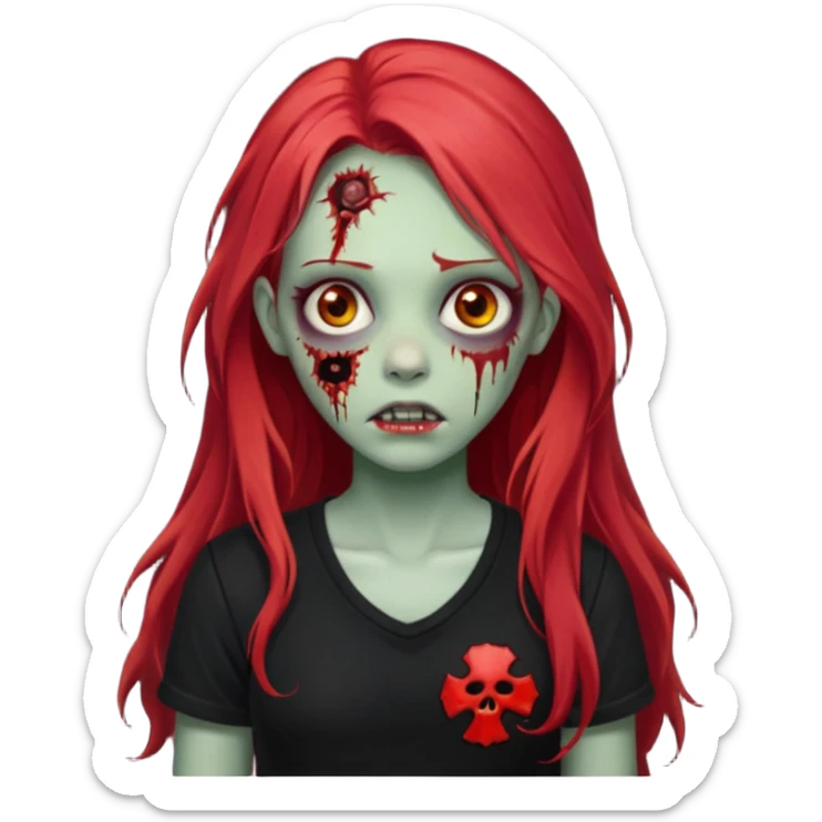 zombie girl with long red hair with black shirt that says lei sticker
