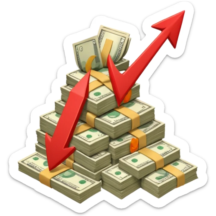 a pile of money with red arrow up with a strategy paper background sticker