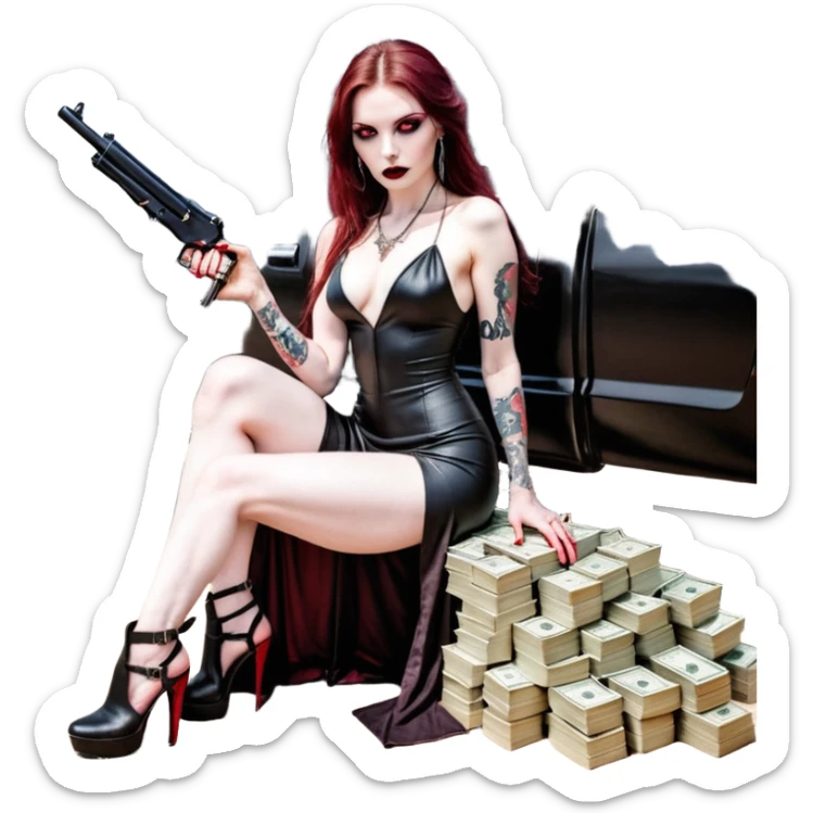 Lilith symbol red eye seductress evil long brown haired sexy succubus woman with leather long dress with slit, sitting in Big Large F350 pickup truck. Black Platform high heels on feet. Tattoo sleeve arms, seat full of stacks of cash, and a man dead human skull of her enemies and a gun in other hand sticker
