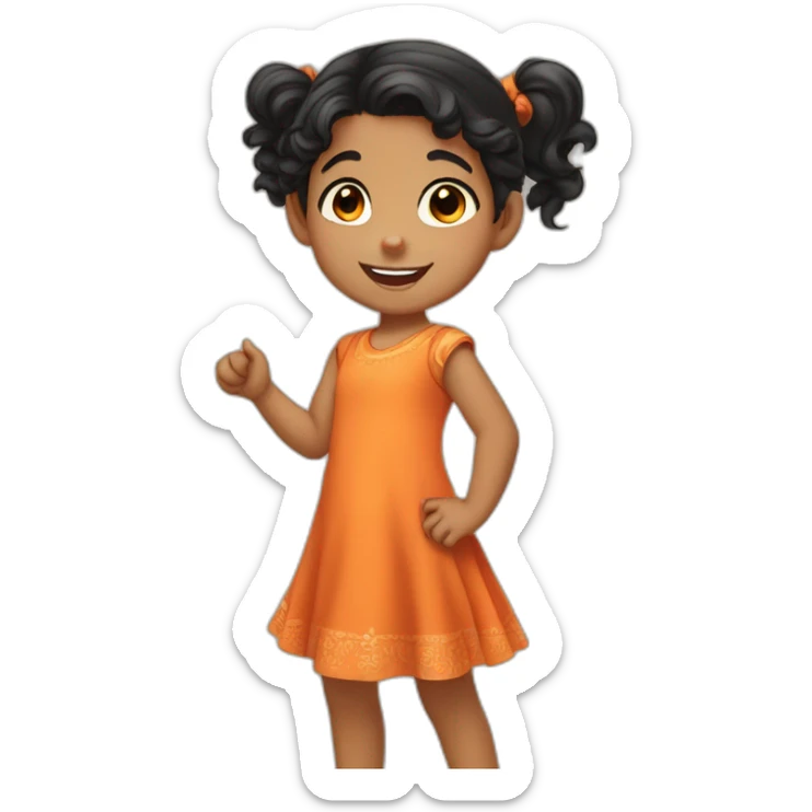 smiling and pointing 3 years old indian girl with black curly hair in pigtails wearing a orange dress sticker