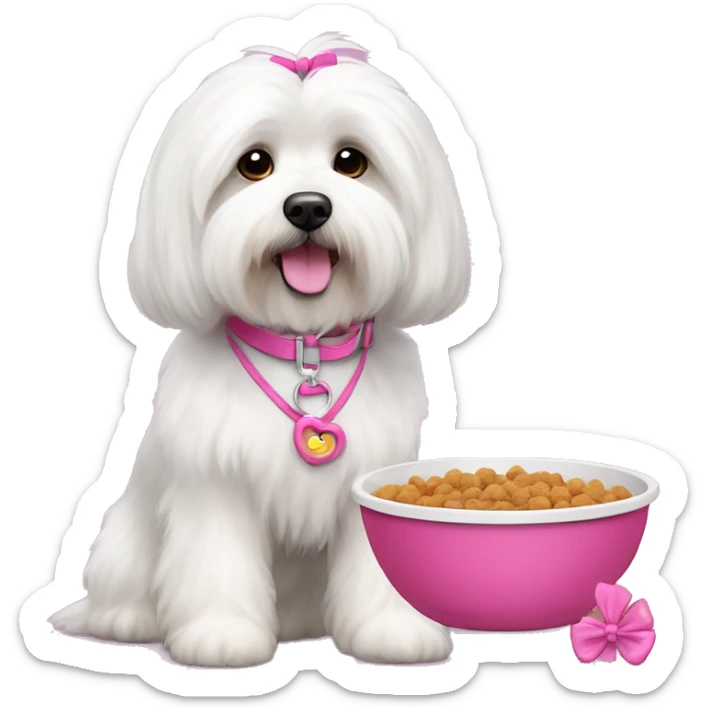Long haired Coton de Tulear dog with pink harness and pink hair bow, pink dog bowl with kibbles, her name is Zoey sticker