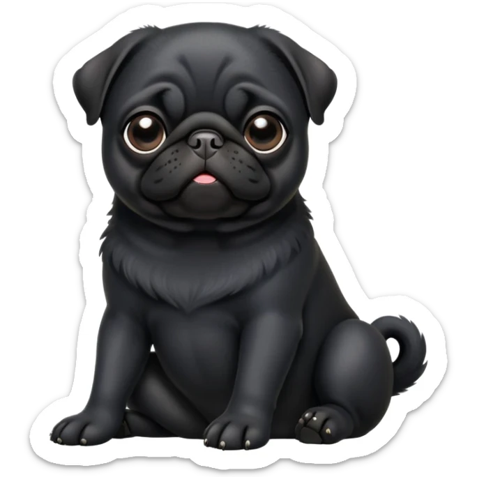 cinematic-[black pug]-realistic-full-body-sitting-emoji,-tail-resting-loosely-beside-its-paws,-head-tilted-dramatically, -sleek-[black]-fur,-simplified-yet-realistic-focused-features,-highly-detailed,-glowing-with-an-almost-sarcastic-glow sticker