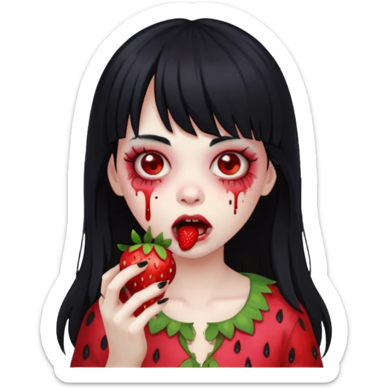 Girly girl, zombie, black hair, bang, cabelo longo e um comendo um morango sticker