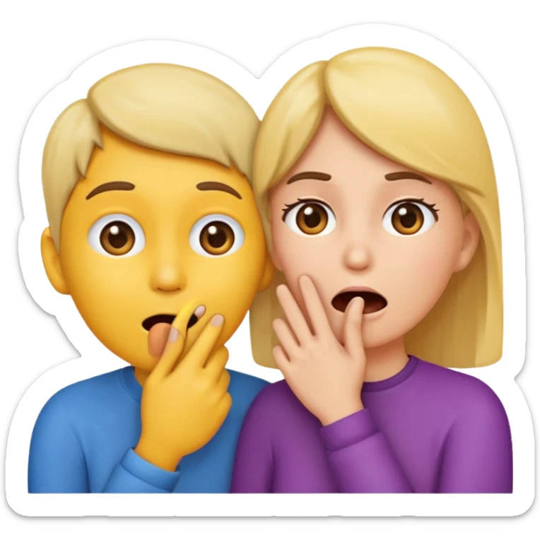 Emoji of two people, one whispering into the other’s ear with a hand covering their mouth. Surprised reaction. Simple emoji style, flat design, bright colors, thick outlines. sticker