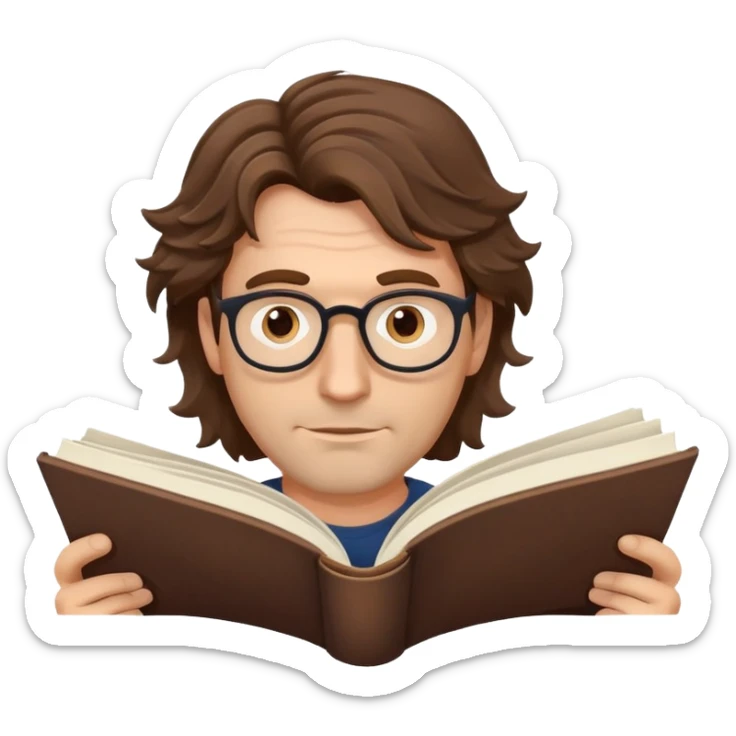 man in his forties with tousled wavy hair, no glasses, reading a book sticker