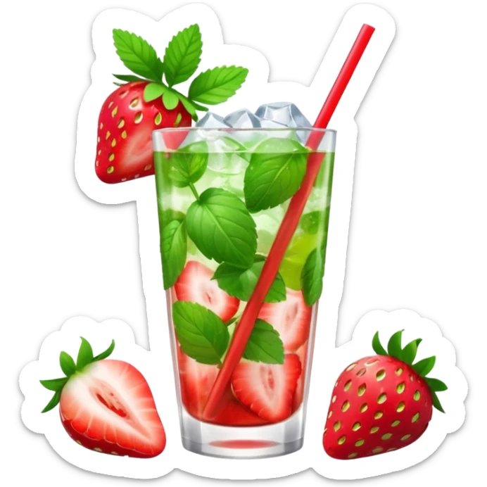 A 3D cartoon glass of strawberry mojito with mint leaves, ice cubes, and sliced strawberries, condensation on glass, bright lighting, Memoji-style realism. sticker