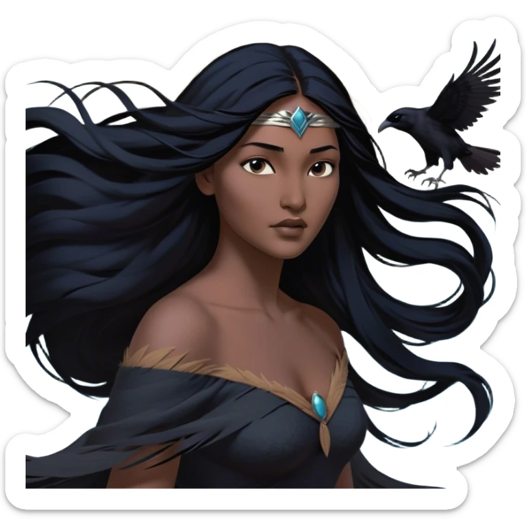 Cinematic Realistic Pocahontas Portrait, depicted with lifelike skin texture, soft natural lighting, and intricately detailed long, flowing raven-black hair that moves gracefully in the wind. Her deep, soulful dark brown eyes exude wisdom and strength, complemented by a serene yet powerful expression. She is shown gently holding a feather in one hand, her other hand resting lightly at her side, embodying the harmonious balance between nature and herself. She is dressed in her classic one-shoulder native American dress, with rich fabric textures and delicate beaded details that catch the light beautifully. The portrait features a soft, sun-kissed glow with a natural, radiant finish, capturing the essence of untamed beauty and deep connection to nature in a realistic and painterly style, evoking a sense of depth and authenticity. sticker